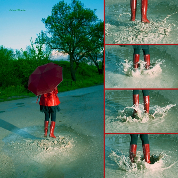 botas rojas de agua_saltando en un charco_color rojo_fotógrafo Marcos de MAdariaga